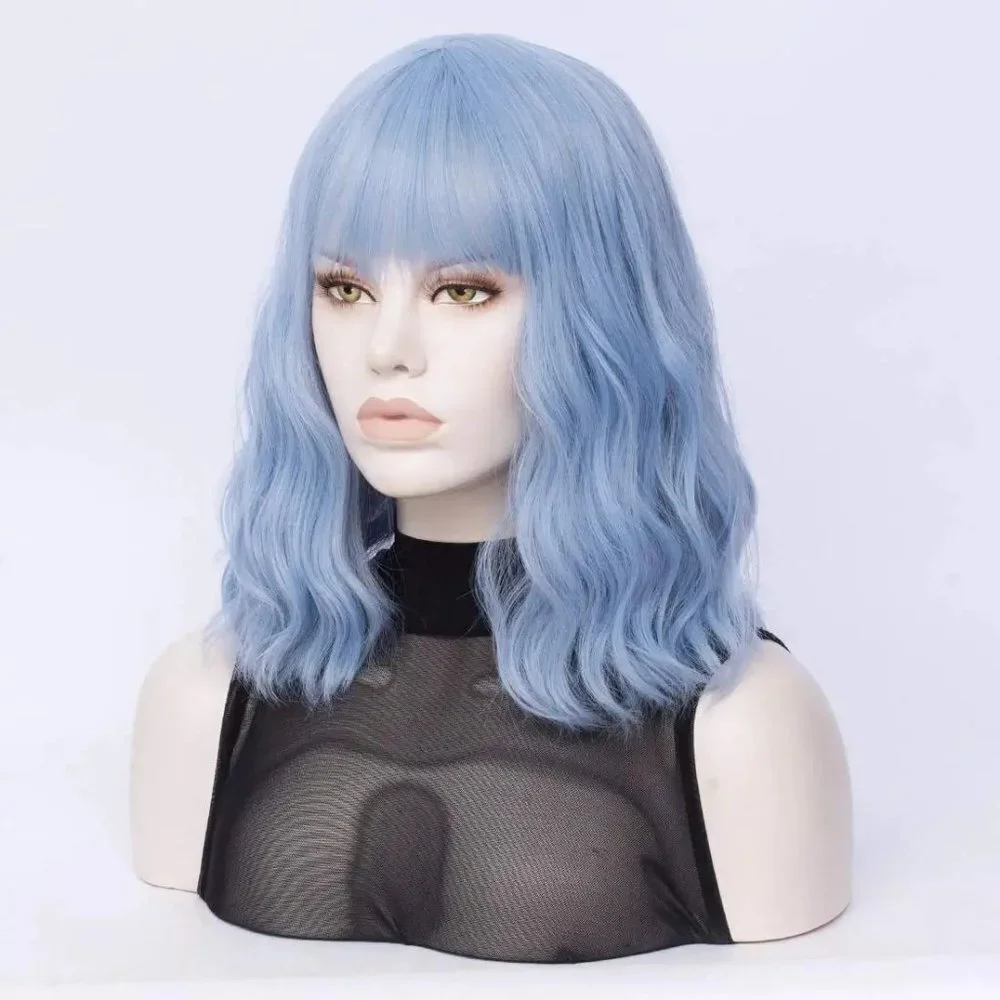 Light Blue Wavy Hair Wig with Bang